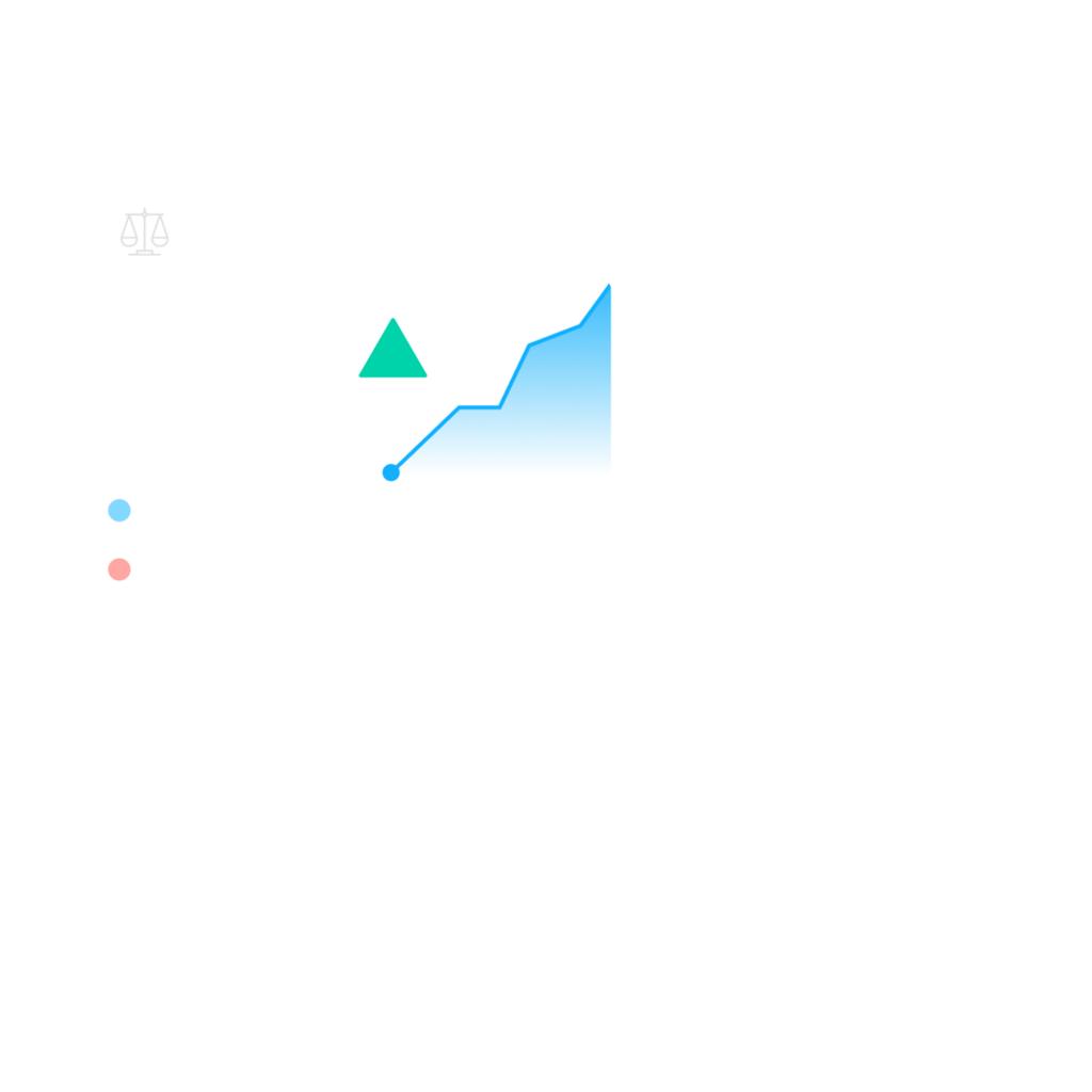 A simplified graphic of a chart with a blue upward trend line, a green triangle, and colored dots on a white rectangle against a black background. A small justice scale icon appears in the top left corner of the rectangle.